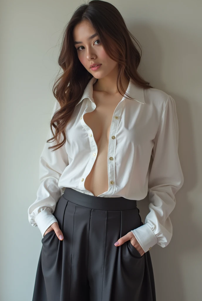 Wearing a long shirt, no panties, collar and leash, low camera angle