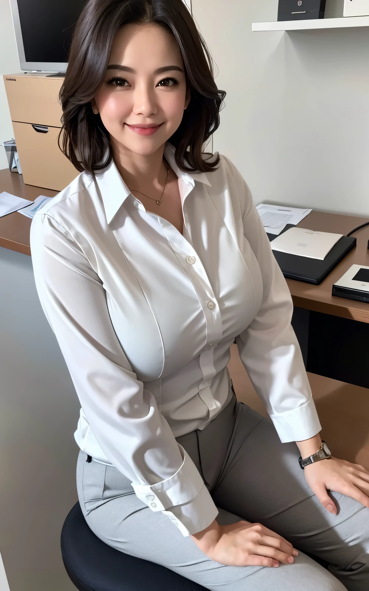 ((Best Quality, 8k, Masterpiecedetails, ultra-high resolution)), (looking at the viewer), (full shot:), attractive business 1 milf sitting down on office, desk, a bit chubby:0.25, white collared shirt, grey long pants, (laying down on office desks)), smile, office of CEO,