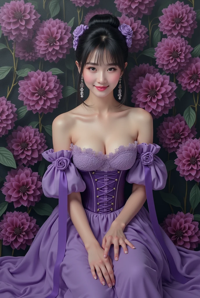 (Rococo architecture:1.2),(balcony), Dynamic angle,((1girl, purple Mermaid frill dress , highest resolution)), (beautiful illustration),(semi long beautiful hair),(looking at the viewer),innocent smile,cinematic lighting,white over-kneehighs,Lace chalker, wristband, diamond necklace,wristband, white fingerless gloves, earrings,day,blue sky,Big Breasts,Red lipstick,