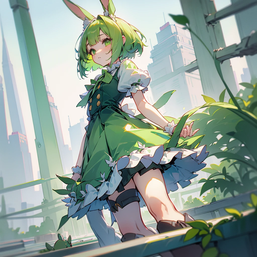 (long Green rabbit ears), green animal ears, (1 girl), green hair, green eyes, bob cut, young, alone, Lolita, , child, shfrilled clothing, trunk neck tee, skirt, spats, dress, knee socks,
long boots, hair ribbon, in the city, tiny, baby facastel  cel anime, Solo,