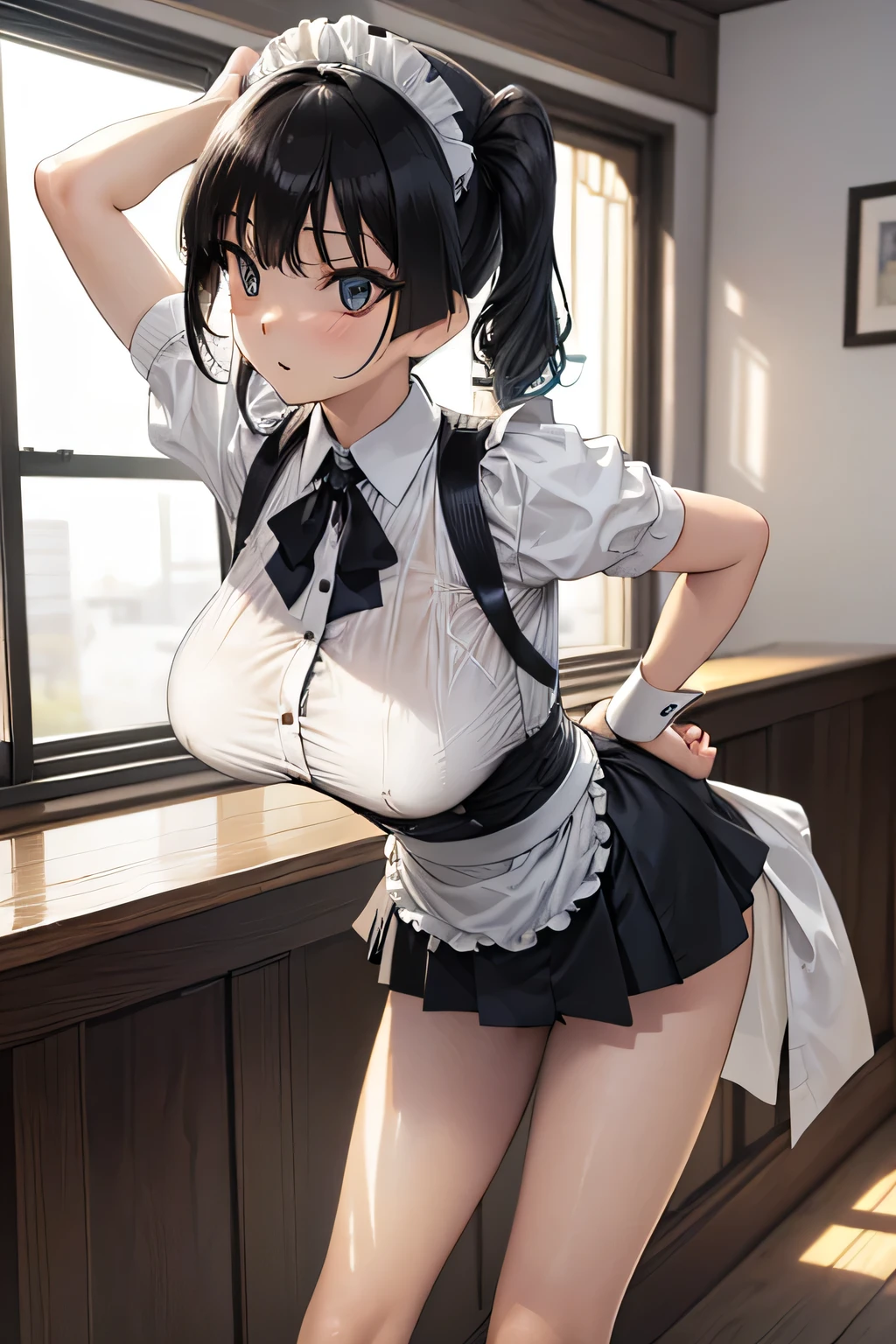 (Very detailed CG Unity 8K 壁紙),(masterpiece), (Best Quality), (Very detailed), (Best illustrations),(Best Shadow), (Camel Toe 1.2)、Perfect Fingers、Beautiful eyes、Big Breasts(Emphasis on leaning forward 1.2)、Tight waist、Perfect Body、(Tied Hair、Bangs up 1.2)、Maid Cafe、Waitress、Pure white panties