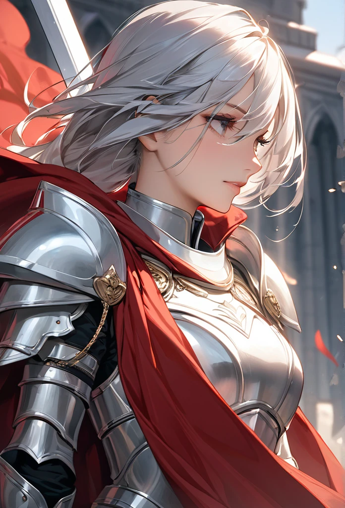8k, best quality, masterpiece, highly detailed, semi realistic, 1 girl, mature female, 20 years old, silver white long hair, high ponytail, bangs, red pupils, silver white armor, white fluffy skirt, silver iron boots, red white fluffy brimmed cloak, wielding sword, knight, coronation ceremony,War, flames, bloodstains,Lily, petal rain,banner