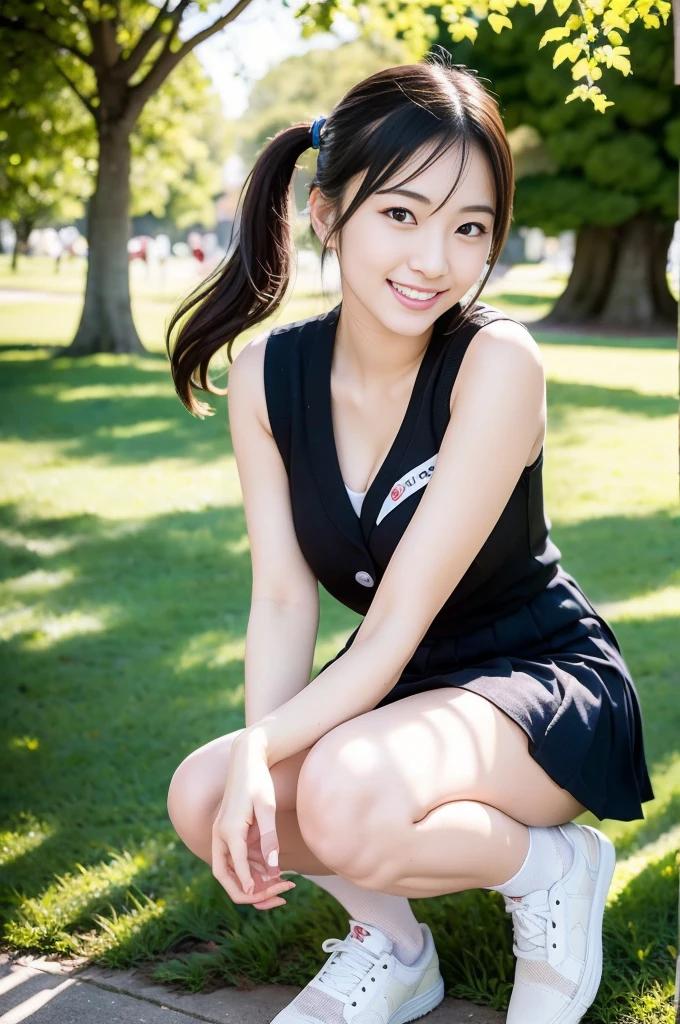 Pure Japanese  girl, outstanding body, beautiful legs, shiny white skin, seductive pose, wearing uniform, socks, sneakers, long ponytails, no makeup, thick eyebrows, pure smile, sexual temptation, refreshing in day light, sitting in nobody’s park, sexual attractive, professional pin-up portrait photography,