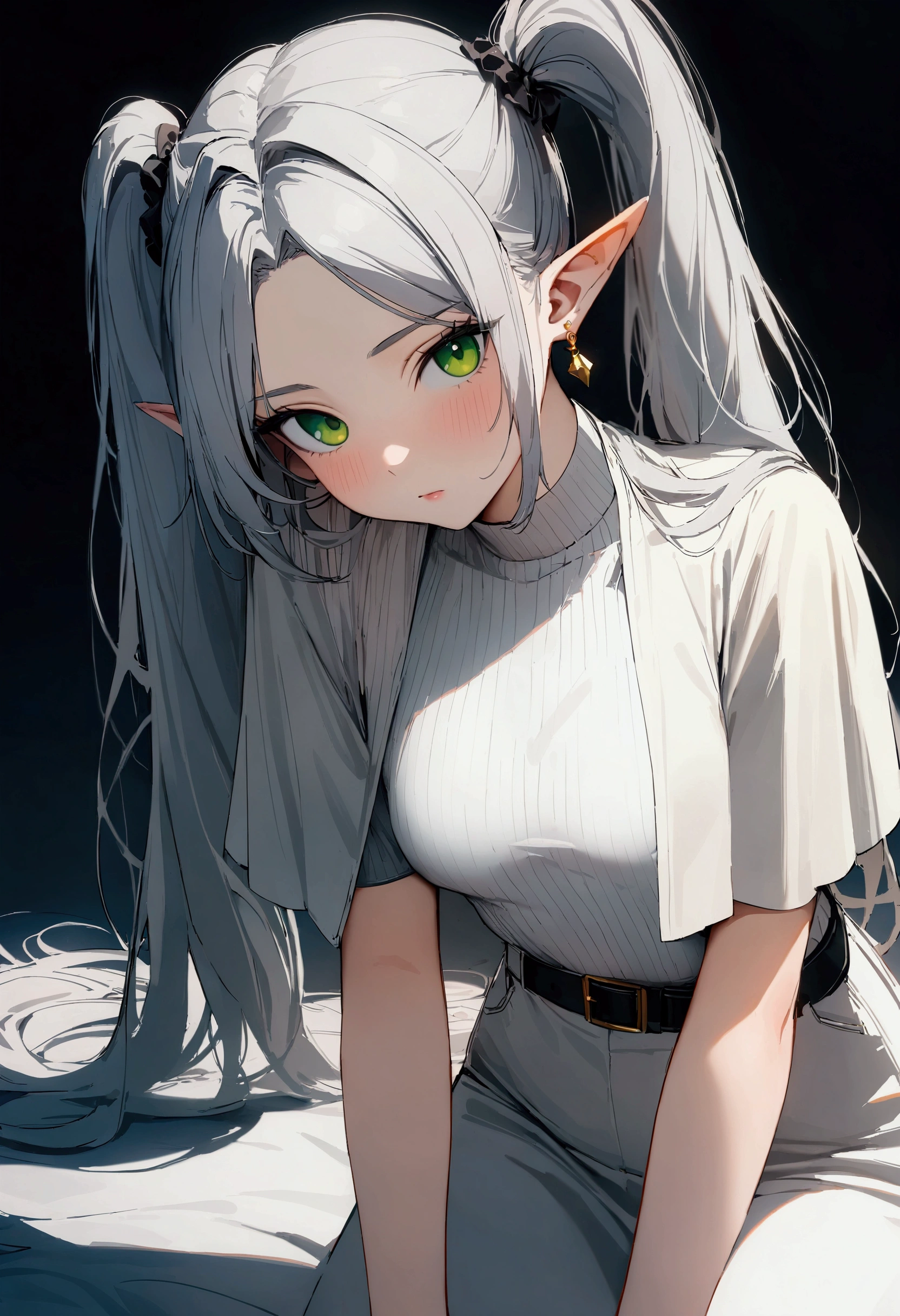 Anime girl with long white hair and green eyes sitting on a bed - SeaArt AI