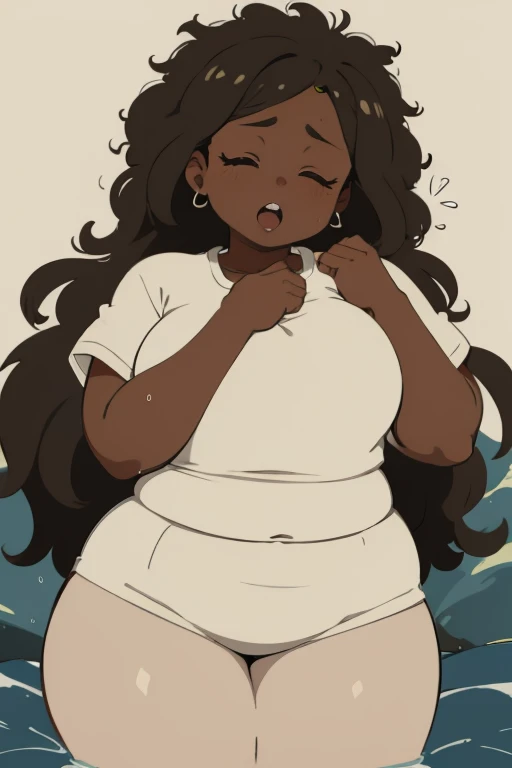 Chubby,woman,Looks sleepy,yawn,defenseless,adult,aldult,Soaking wet,Black,brown,Dark Skin,Plump,Afro,Dreadlocks,Sweaty,Sleeping posture,Light clothing,alone