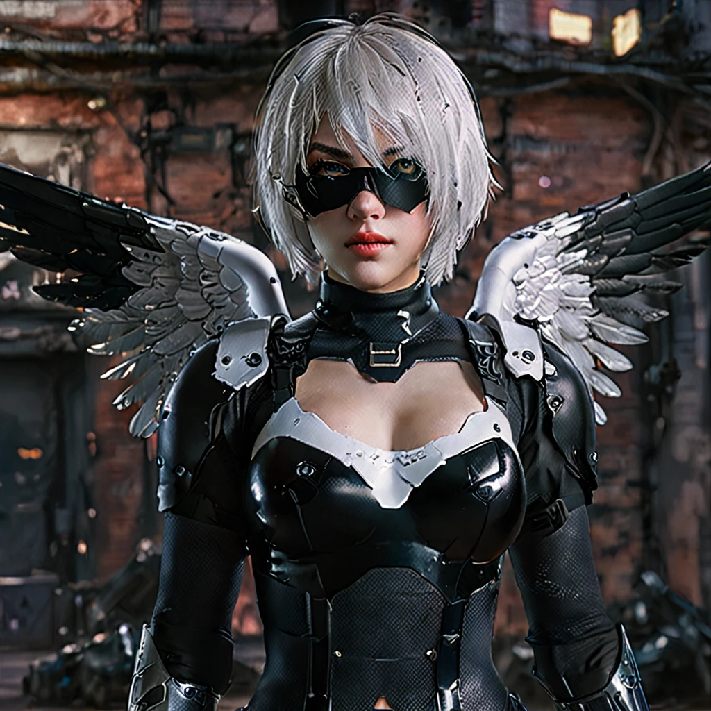 2B from NieR:Automata, cyberpunk outfit, holding angelic-winged gun, detailed face, beautiful detailed eyes, beautiful detailed lips, extremely detailed face, long eyelashes, intricate cyborg body, dramatic lighting, cinematic composition, vibrant colors, highly detailed, photorealistic, 4k, hyperrealistic, digital art, concept art