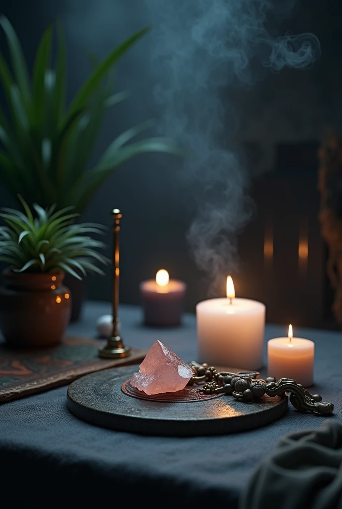 The open box, with elements like the handcrafted candle, quartz and incense, all arranged harmoniously, surrounded by a mystical atmosphere.