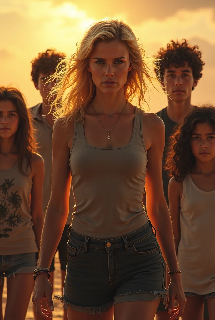 A movie-like photo of a teenage girl in skater fashion and her male and female friends. Everyone is wearing a tank top.