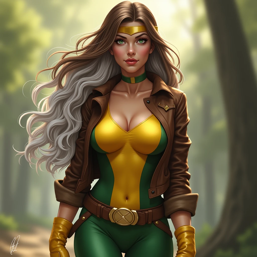 vampires, rogue x men, wearing low-cut lingerie,lingersuit amarelo verde, yellow green lingersuit fit, inside river, in the river, seminua, dress lingersuit yellow green fit, showing her belly