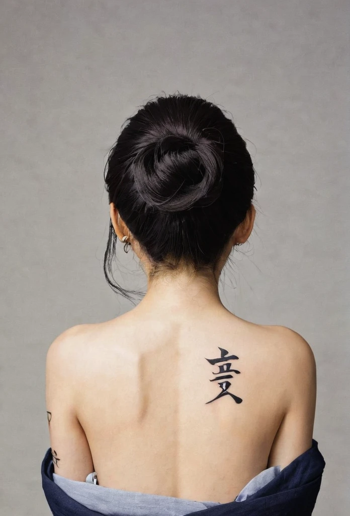 Poster for a yakuza film, showing a back view of a woman with tattoos all over her body, with a simple background and the words "SeaArt INFINITY" written in large letters in the center,
