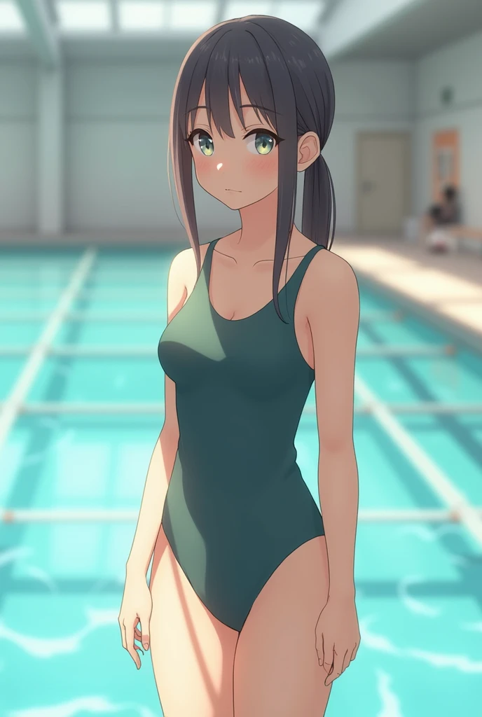 pixel-perfect, best quality, ultra-detailed masterpiece, dia kurosawa, one-piece swimsuit, pantyhose, pool, open legs, smile