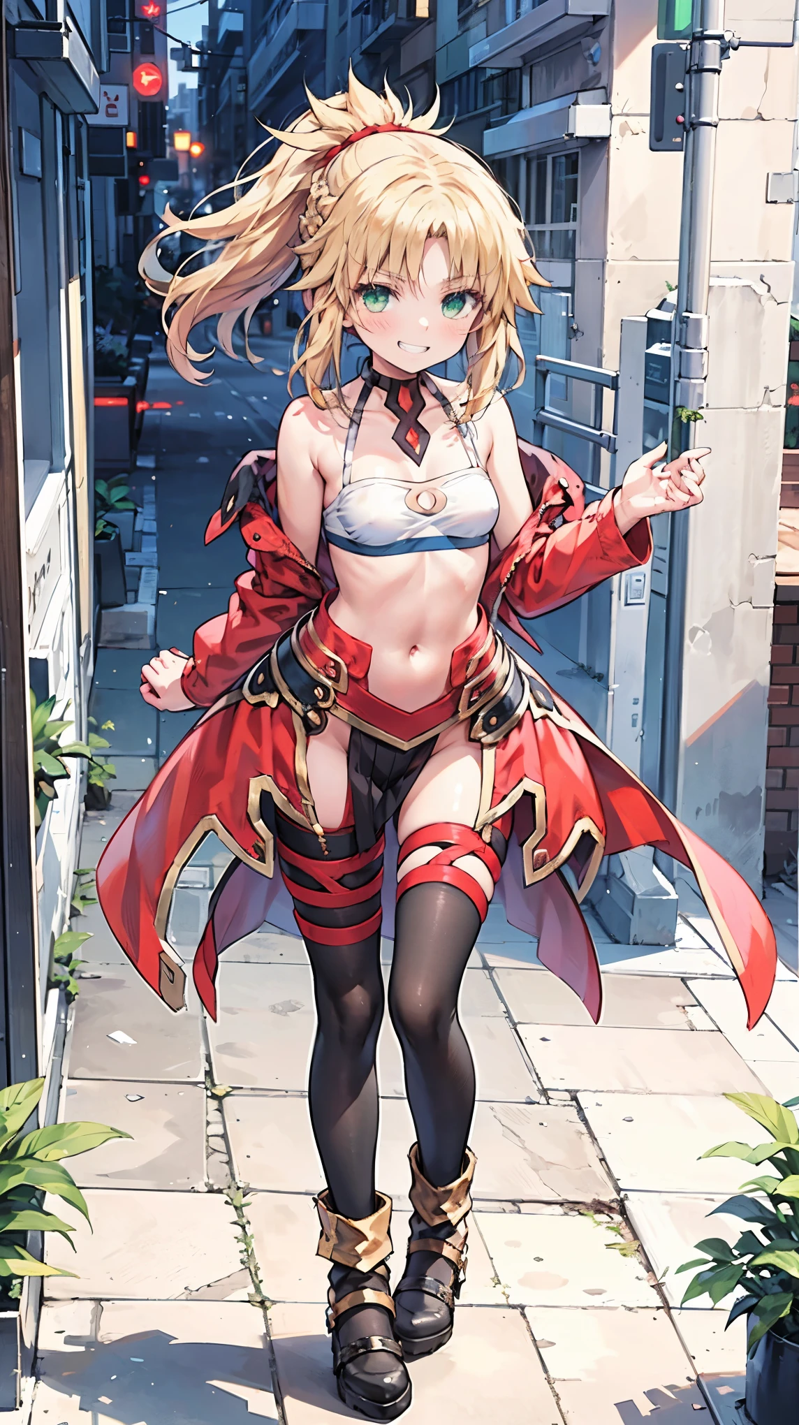 Masterpiece, Best Quality, illustration, city, 1girl, Mordred \(fate\), collarbone, Detailed blond hair ponytail braid, green eyes,,navel,thigh-high, covered_pussy,flat_chest,long_sworddangerousbeast,elbow_gloves,
,wolf_tail,wolf_ears,fang,happy,nihil,smile,spread_legs,claw_pose,armpits,open_mouth,angry,squat,bikini_bottoms,rise_hands,Highquality_hads,perfect_fingers,oil