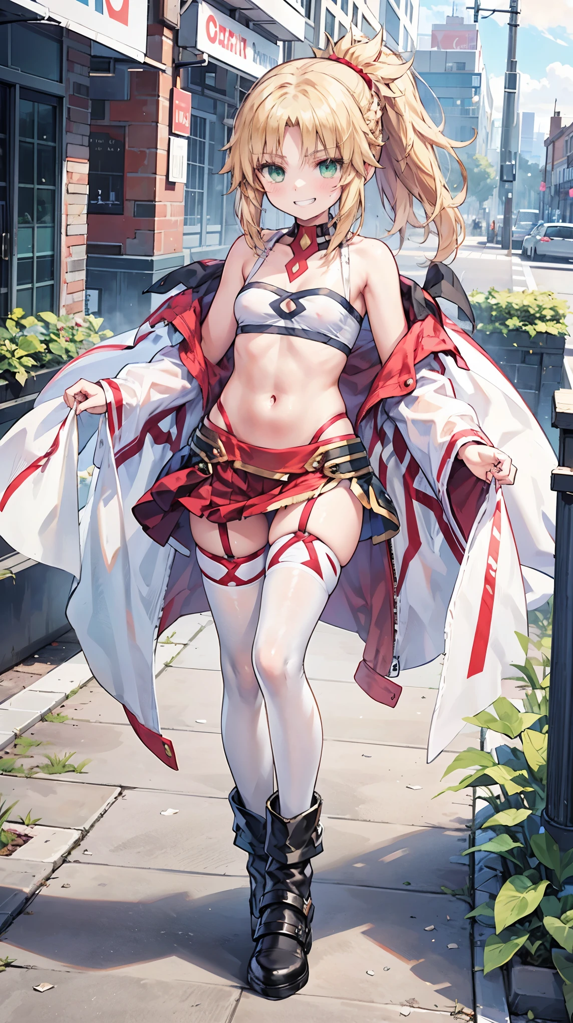 Masterpiece, Best Quality, illustration, city street, 1girl, Mordred \(fate\), collarbone, Detailed blond hair ponytail braid, green eyes,, White tubetop ,pelvic_curtain,navel,thigh-high,grin,(covered_nipples:0.6),skiny,evil_smile,solo,boots,thigh-highs,groin