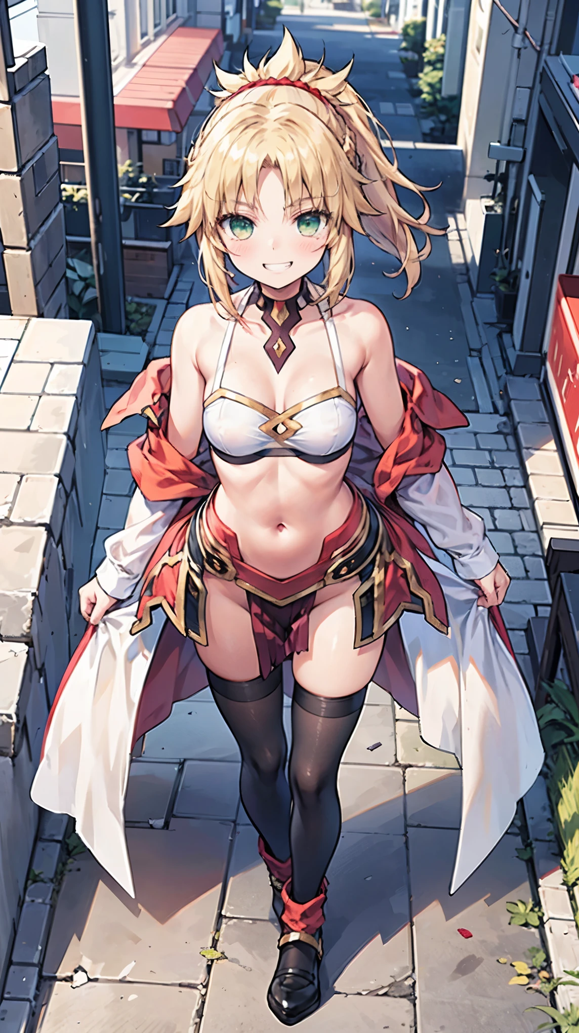 Masterpiece, Best Quality, illustration, city street, 1girl, Mordred \(fate\), collarbone, Detailed blond hair ponytail braid, green eyes,, White tubetop ,pelvic_curtain,navel,thigh-high,grin,(covered_nipples:0.6),skiny,evil_smile,solo,boots,thigh-highs,groin