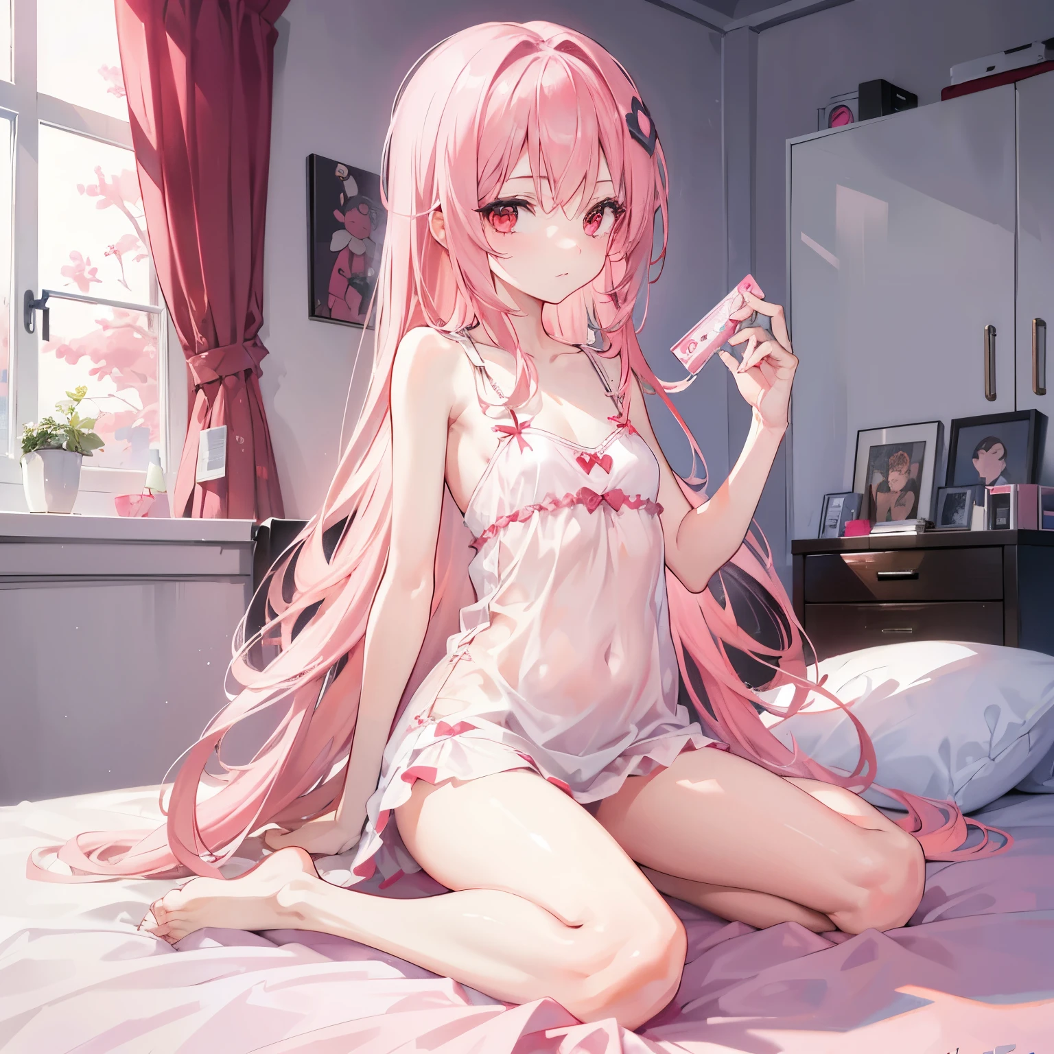 1girl, long pink hair, red eyes, sleepy, one eye closed, slim body, loli body petite, small chest size, wearing loose sleepwear, half naked, hair covering chest, sitting on bed in messy room like student dorm, absurdres, high res, ultrasharp, 8K, masterpiece, looking at viewer