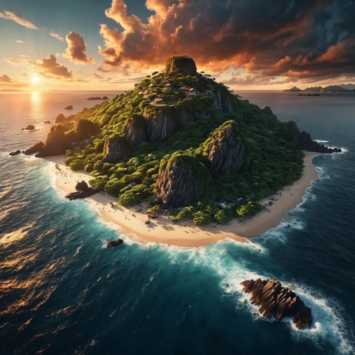 (A huge island floating in the evening sky、A person panics and points at the floating island々、Curious Bystander、People fleeing in fear々、People running to the coastline々、A crowded and chaotic coastline)、(Best Quality、4K、8k、High resolution、masterpiece:1.2)、Super detailed、(Real、Photorealistic、Photorealistic:1.37)、Dramatic lighting、Cinematic、Moody atmosphere、Warm sunset colors、Dramatic Clouds、Epic Scale、(Very detailed、complicated:1.5)、(Award-winning photography、Cinematic composition)