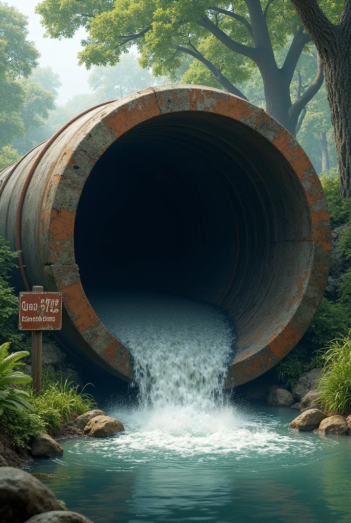 A large sewage pipe outlet to the river with a sign: OAK CANOPY
