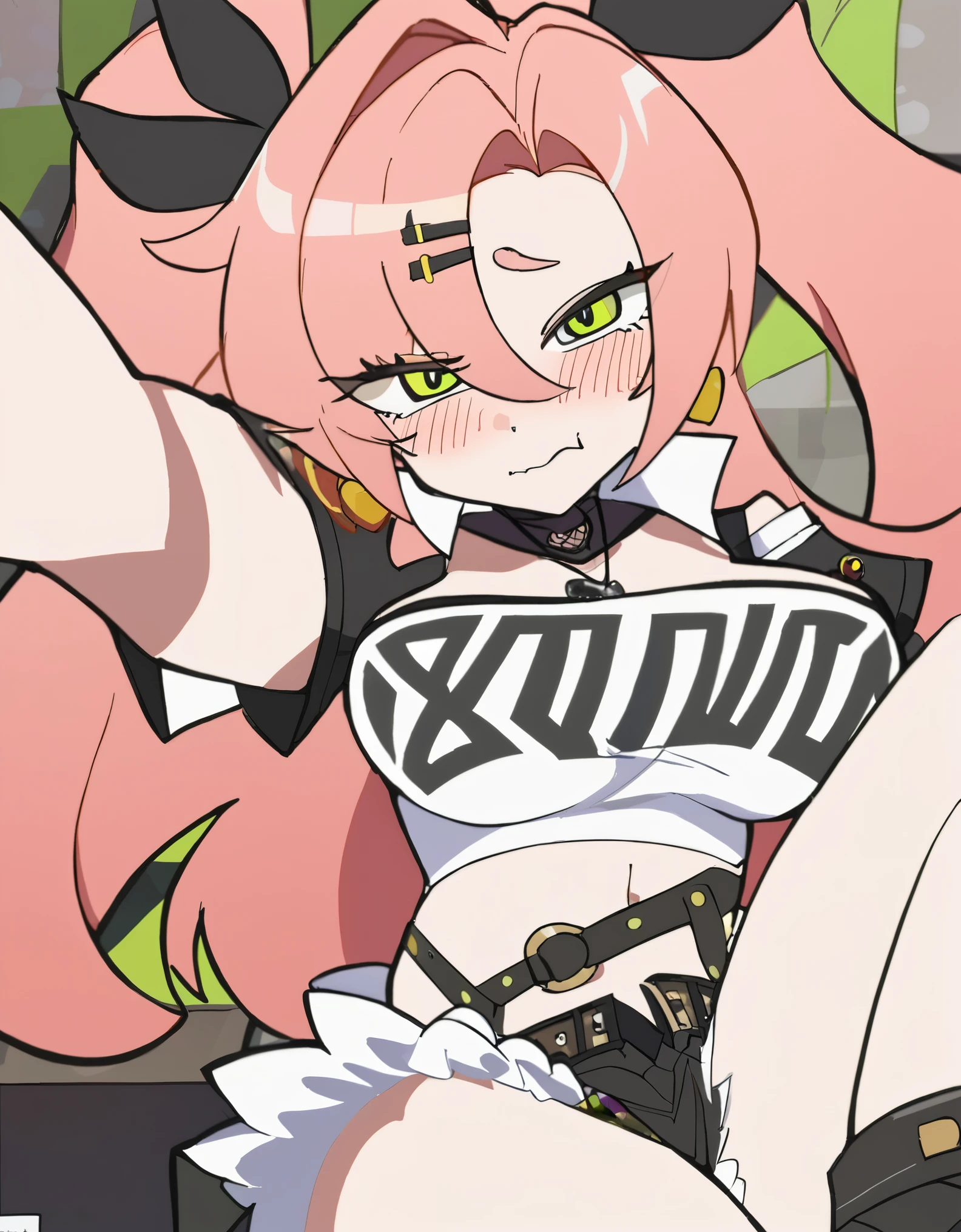 tmasterpiece, hiquality, higly detailed, Big Woman,(Hair pink & Green), (big eyes, Lime green color), Under-eye colours, (Kanroji_Mitsuri), lace clothing,(Sexy, Female Character Demon Slayer Mitsuri Kanroji, Mitsuri), The woman, Cute, Girls,portrai,Realistic anime girl,the pose, Showing off panties, lifting skirt, panty