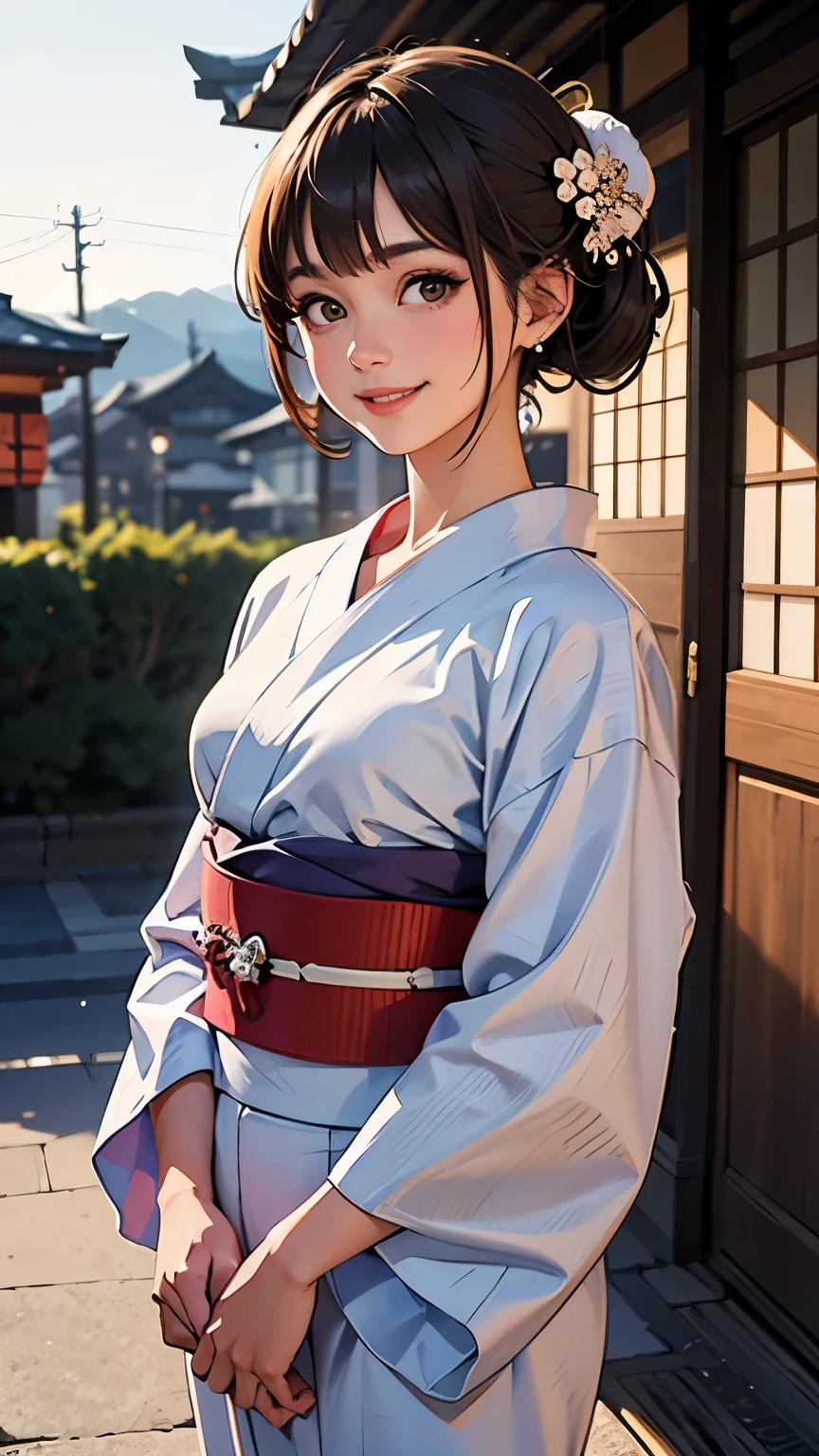 (RAW photo, best quality), (Beauty photography:1.3),(masterpiece), Composition from the waist up, ((light brown Hair)), ((chignon)), looking at the viewer, standing, smiling, earrings, outdoors, ((Detailed traditional Japanese yukata)), asymmetric bangs, Streets of Kyoto, Japan, ((formal japanese yukata)), ((Background blur)), sony A7R 80mm f1.6 Lenses, ((smile)), (((highly exposed))), ((magic hour)),
