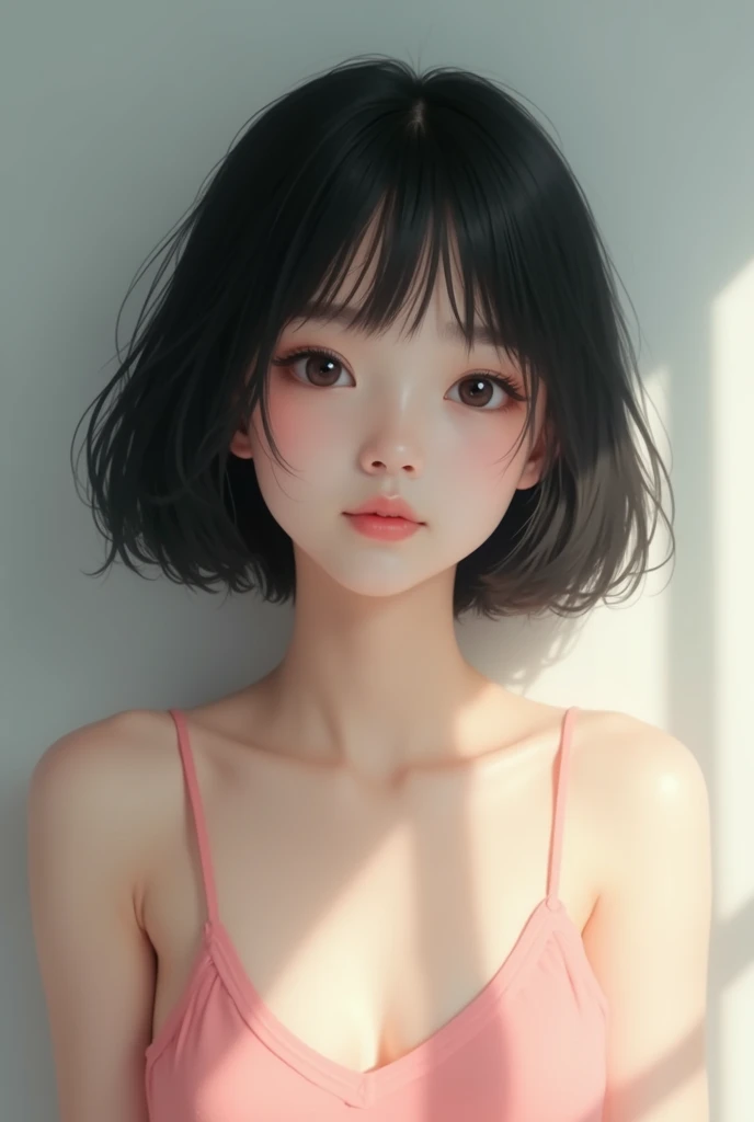 1girl solo short hair naked sheet realistic see-through brown eyes looking at viewer black hair <lora:DuckCute:1.0>