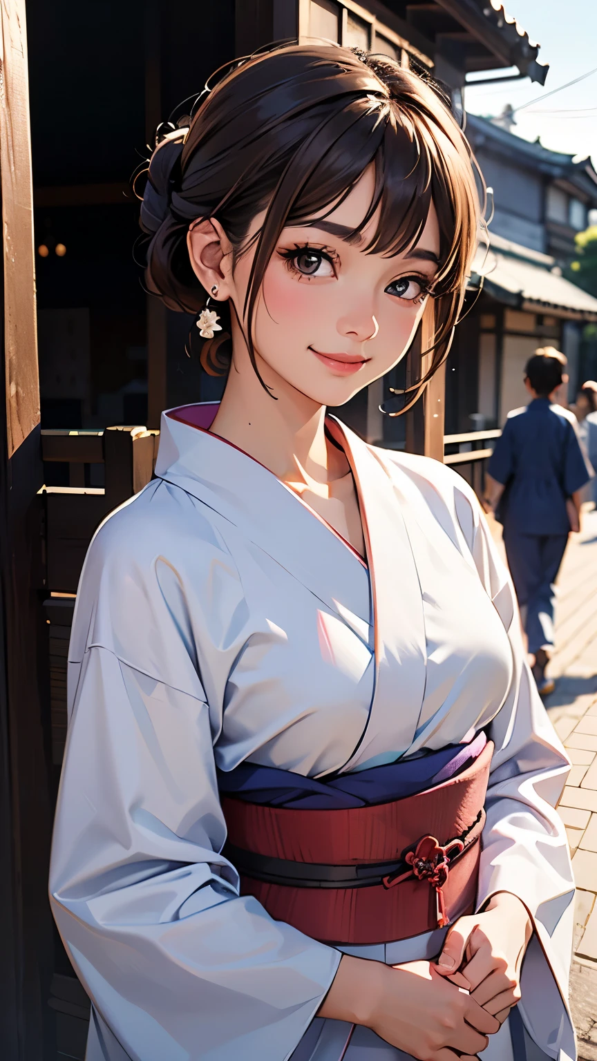 (RAW photo, best quality), (Beauty photography:1.3),(masterpiece), Composition from the waist up, ((light brown Hair)), ((chignon)), looking at the viewer, standing, smiling, earrings, outdoors, ((Detailed traditional Japanese yukata)), asymmetric bangs, Streets of Kyoto, Japan, ((formal japanese yukata)), ((Background blur)), sony A7R 80mm f1.6 Lenses, ((smile)), (((highly exposed))), ((magic hour)),
