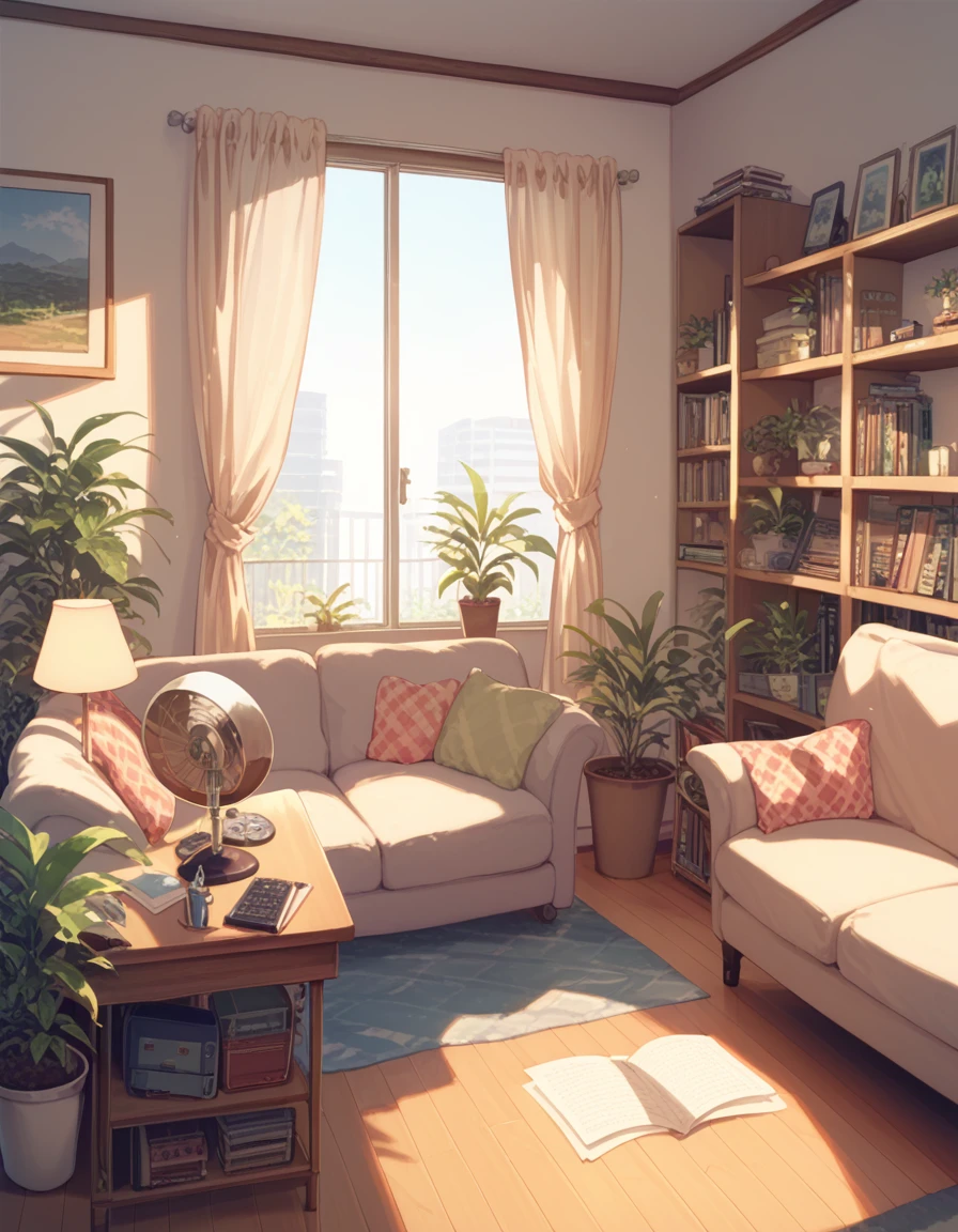 living room, Sofa, window, curtain, Speckled sunlight, Potted plants, table, [cabinet,Bookshelf, paper, Desk lamp, Typewriter, Sofaに座っている***