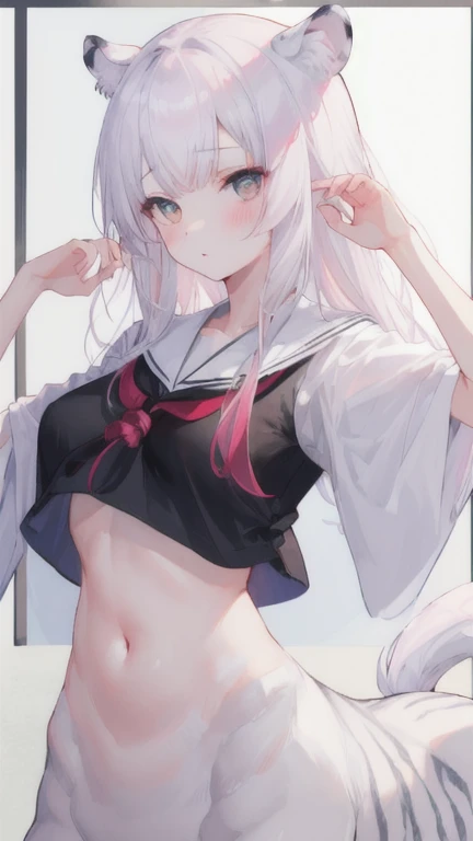 (best quality, masterpiece), 1 girl, centaur, I beg, White skin, Japanese schoolgirl,daughter,black pink, exposing the abdomen, belly button t-shirt , 아름다운 소녀 perfect white tiger photo, perfect white tiger photo