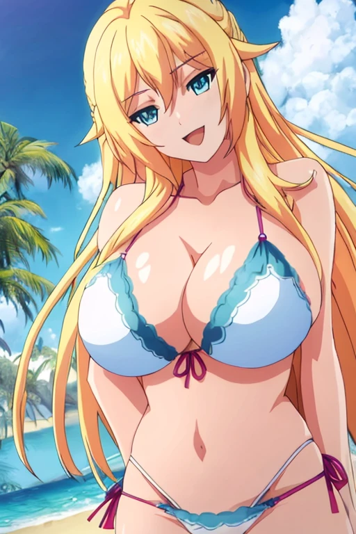 Otona Mitsuki, High resolution, masterpiece, Accurate sexy body, Glowing skin, 1 woman, long hair, blonde hair, big breasts, Blue eyes, smile, Open mouth, pose sexy, White bikini, In a hag, Background of a beach with palm trees 