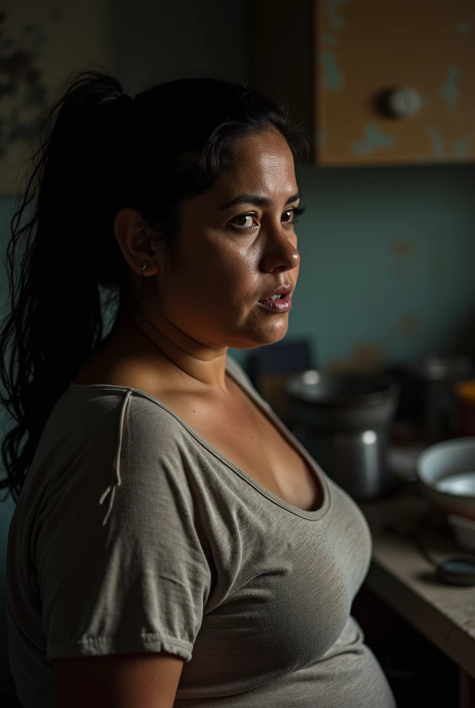 arafed woman who is pregnant, this person does not exist, 30 years old guatemalen woman, ugly face, large bulbous nose, flat face, double chin, short round body shape, chubby, poor facial features, tan skin, straight black hair, thick eyebrows, short chubby arms and legs, she is standing in her living room, wearing grey yoga pants and black sandals with a navy blue pullover hoodie, no makeup, tired expressions, entire body visible, skin and pores
