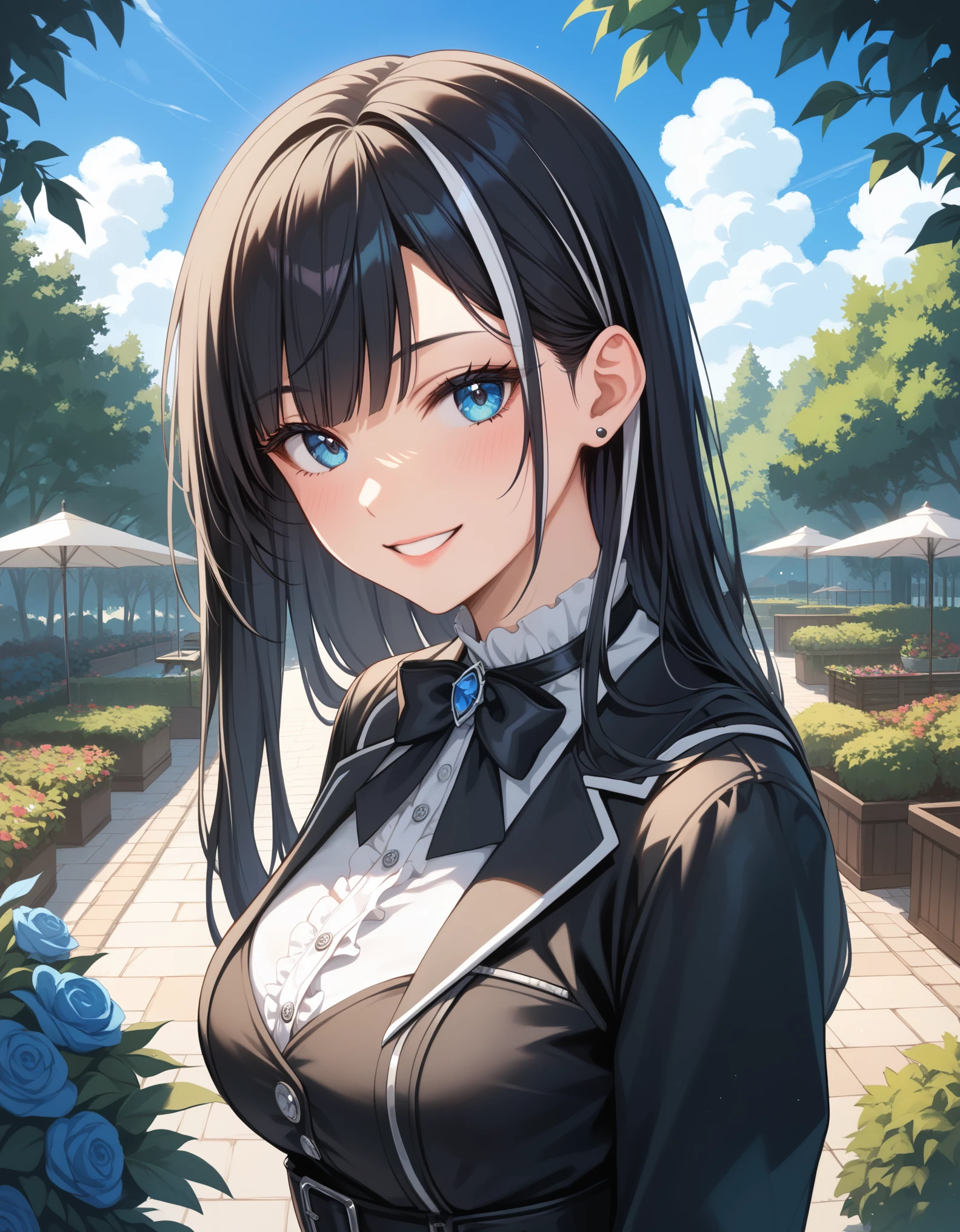 score_9, score_8_up, score_7_up, rating_safe, 1girl, gothic clothes, close-up, looking at viewer, long hair, black hair, streaked hair, smile, garden, bushes, blue sky, 