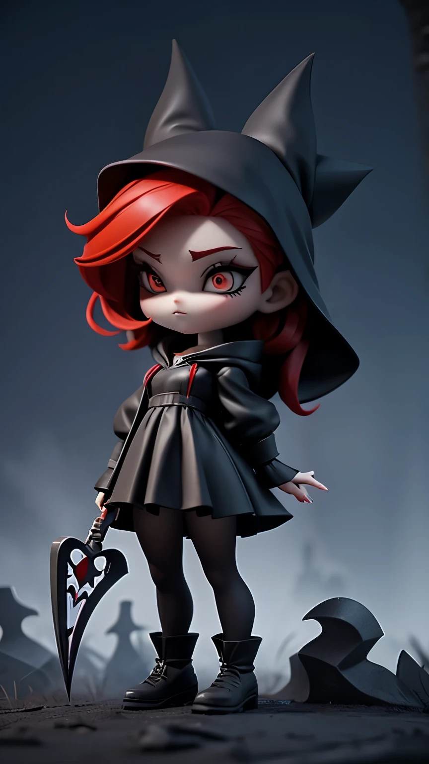 Death in the form of a gothic girl with a sickle in her hands with red hair , costume hood with black hood on head is in a dark night cemetery full of fog with a tin burtom style atmosphere 3D pixal style, The atmosphere is of a cold night with moon.