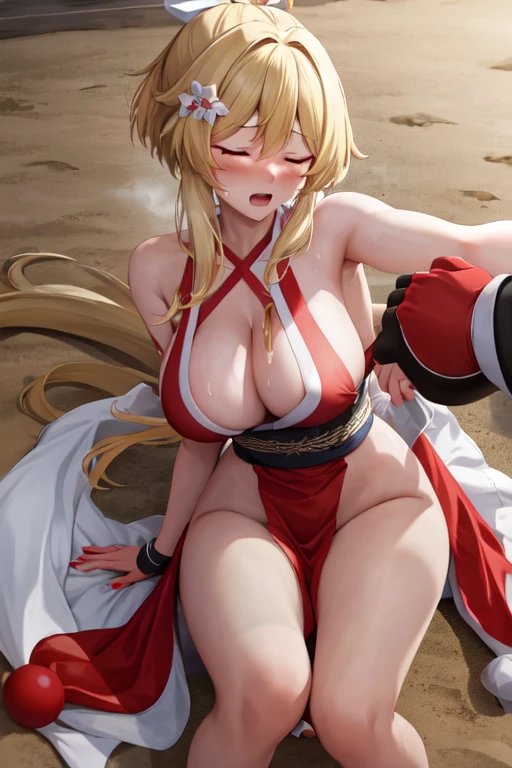 masterpiece, best quality, beautiful art, high resolution, well formed hands, body and fingers, 1 woman, solo, Lumine , blonde, red makeup, red lipstick,adult, grown up,  cosplaying as Mai Shiranui , mai_shiranui_cosplay, adult, large and big breasted, cleavage, full body , hair ribbon, gorgeous legs and, thighs, sexy Japanese clothes, hair ornament , sexy and bare legs , hips and thighs, panties peek,ryona , in peril, she is being beaten up by her opponent, closed eyes, she is knocked down and she is slapped in the face , slipping down and falling down on the floor, receiving the impact of her opponent's attacks, closed eyes, screaming in pain and agony, heroine in peril, ryona and perilous scene, bouncing breasts, weak and helpless, martial arts tournament on the beach ryona , in peril, she is being beaten up by her opponent, closed eyes, she is knocked down and she is slapped in the face , slipping down and falling down on the floor, receiving the impact of her opponent's attacks, closed eyes, screaming in pain and agony, heroine in peril, ryona and perilous scene, bouncing breasts, weak and helpless, martial arts tournament on the beach   