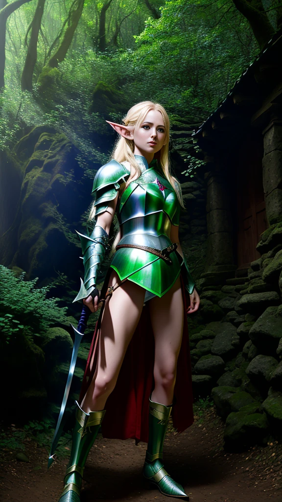 high-level image quality、Camera image quality、​masterpiece、1womanl、in woods、elvish、Pointed ears、blue eyess、petite body type、a blond、Having a rapier、Green leather armor、Bright sunshine、