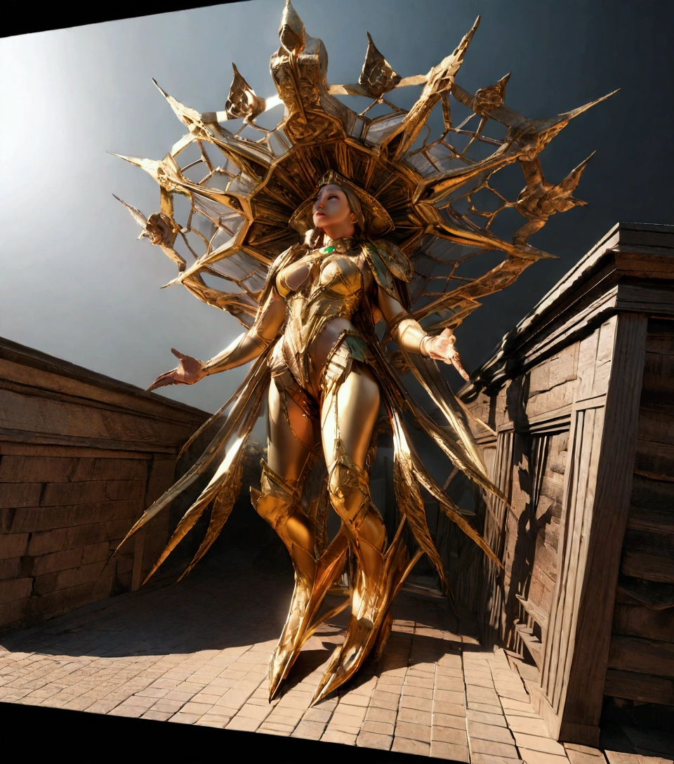 (naked angel girl)),girl with extremely big gold robotic angel wings, ((jungle above)),  (best quality, 8K, Masterpiece: 1.3)), Sharp focus: 1.2, full body, Beautiful woman with a perfect figure: 1.4, Slim stomach: 1.2, ((long curly hair, Large round breasts)), (futuristic Elegant golden armor with intricate details.), walk, Highly detailed facial and skin texture,Detailed eyes, masterpiece