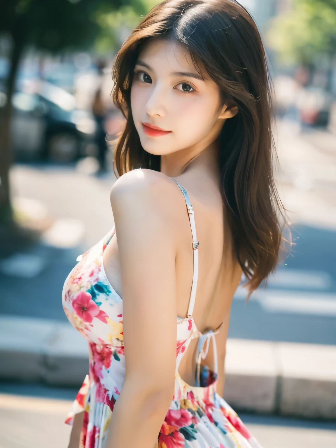 masterpiece，Higher quality，More details，masterpiece，8K resolution，(exquisitefacialfeatures)，((masterpiece)，((Infinite details))，((8K resolution))，((ultra high resolution))，上半身close up照片，脸部close up，漂亮的女孩坐在swing上，comb hair，((Waist length hair，curls，wing hair，Delicate head flower，lolita hair accessories:(1)、Delicate collarbone、beautiful make up、Fair translucent skin、Exquisite and perfect facial features、Water spirit eyes、(1)(Sweet smile changes e_Slightly open mouth:1.2))、Big red lipstick、(Huge breasts_Slightly exposed breasts:1.1)、(1)(Wearing a beautiful floral summer dress)1.3)、((playground background、carousel horses、swing))、((playground background、carousel horses、swing)))、Ultimate picture quality、highest precision、close up、super wide angle、ultra high definition、Ultra-fine details、Rich and vivid colors、Realistic lighting、Feathers in the air、lifelike、super fine knot、画面质感lifelike、Picture perfect
