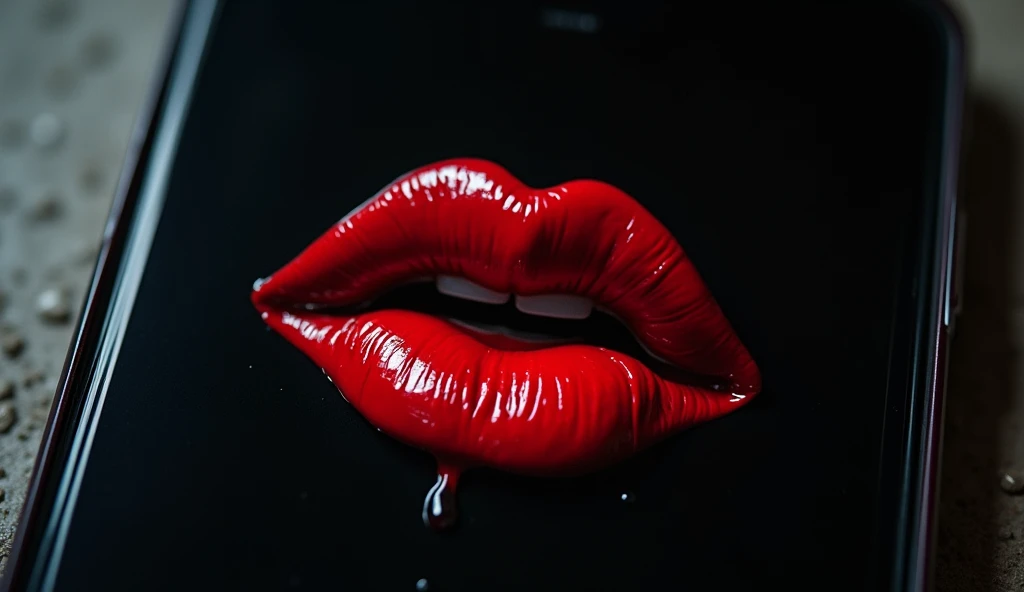 Big a big lips with matt red colour, the colour of the lip's red is smudged across the face, no face , only solid white background,the lips are closed,