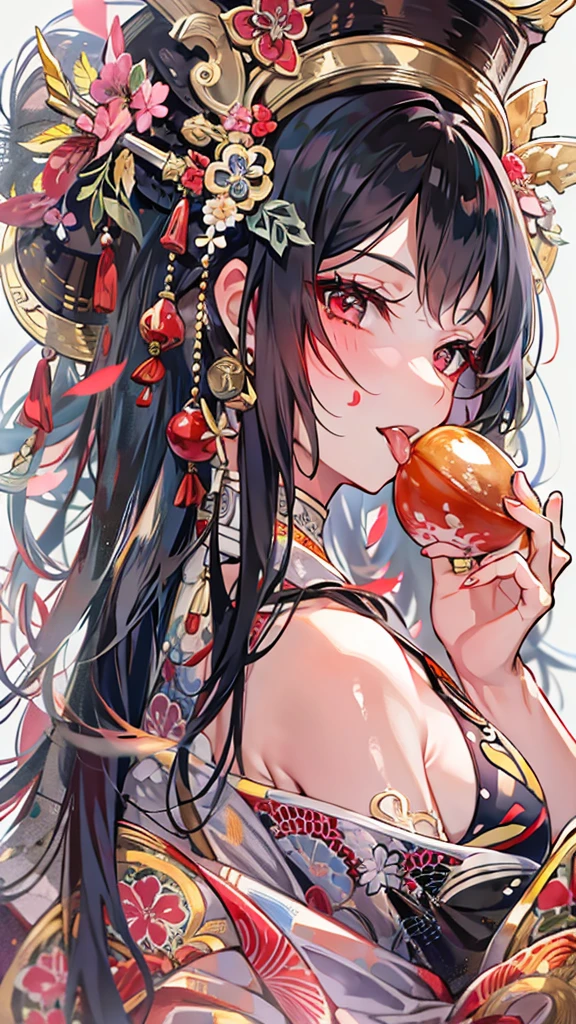 ((RAW Photos)), ((masterpiece)), (Puzzle and Dragon Seina,One person:1.5), (full body,standing:1.2),Intricate details, View your viewers, beautiful, Fine eyes and lips,White background,Fantasy,Perfect Face, (1 girl,White background:1.3),Big shiny clear golden eyes,Long black hair tied up,Fantasy,beautiful表情,Detailed facial expressions,Low exposure,Friendly look、Small breasts、((Eating watermelon))、smail、summer