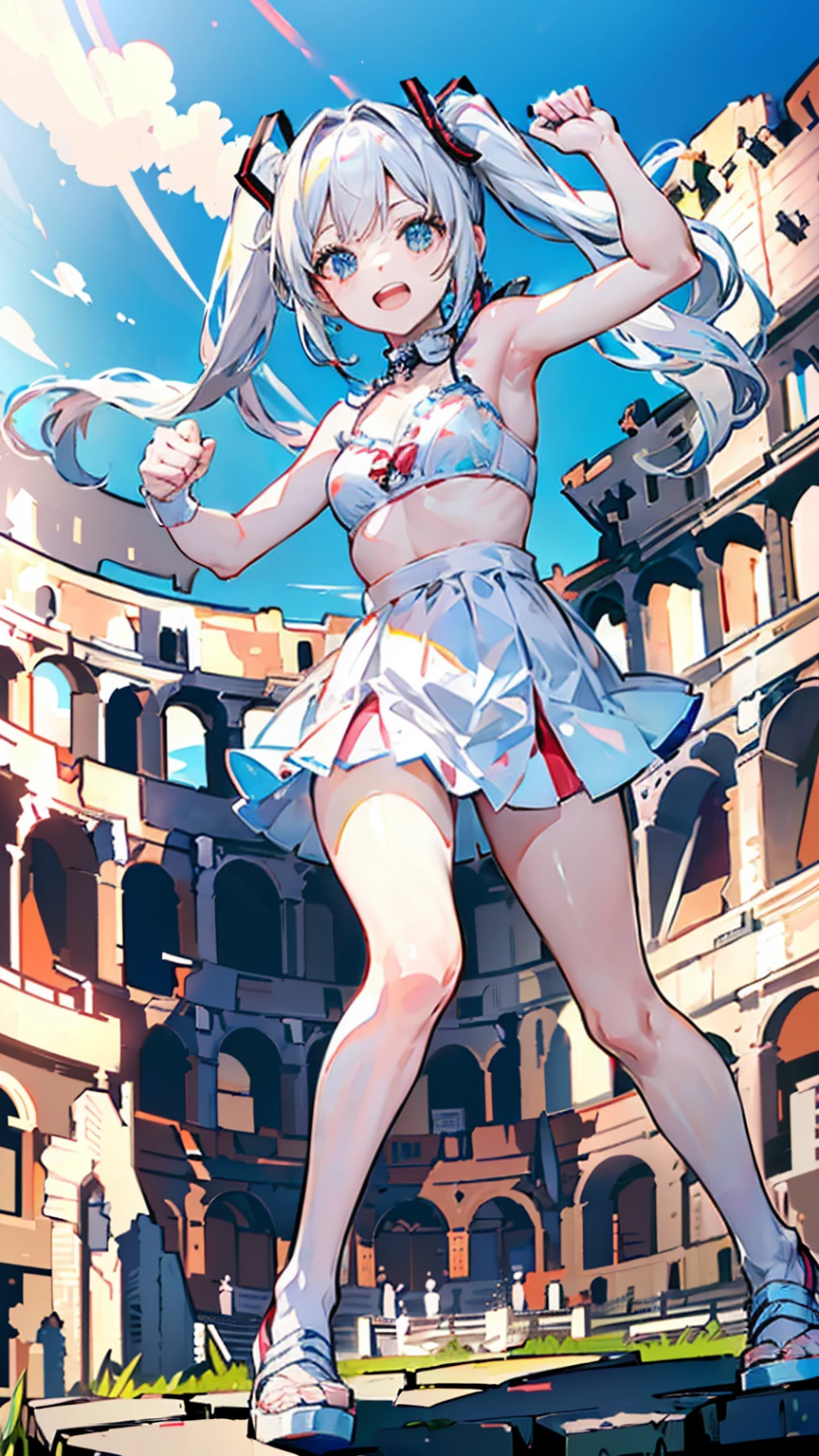 white_micro_toga,ultra high quality,4K,8K,masterpiece,(((embarrassed,fist_shaking,hit_the_enemy,rummbring,beating,open mouth,smile,enjoy))),hatsune_miku,(((fighting in the colosseum)))