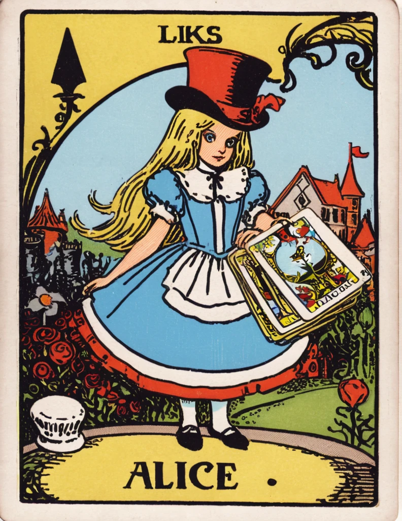 lks73zb1, tarot card of Alice from alice in wonderland, wearinga top hat, text ALICE
detailed, masterpiece, 
 