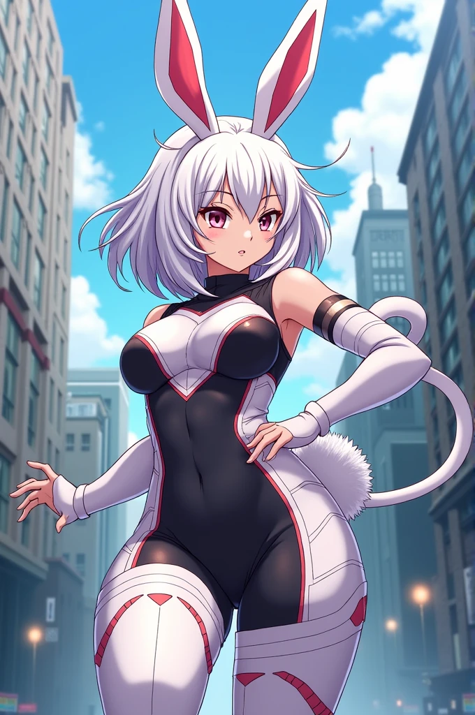 ((1girl)), ((solo)),mirko, ((extremely detailed CG unity 4k wallpaper)), (masterpiece), (ultra quality), (ultra detailed), (best illustration), (best shadow ), (extremely detailed), looking at viewer, (absurdities), (detailed background), curvy body, dynamic pose, cowboy photo, large breasts, medium waist, wide hips, wide thighs, round butt, ((women dark skin, gloves, bare shoulders, long eyelashes, big breasts, sleeveless, white leotard, sleeveless turtleneck, bunny girl, red eyes, half-moon print, leotard, high neck, hand on hip, separated bangs, white background , thick thighs, high leg leotard, animal ears, muscular, muscular woman, high neck leotard, white gloves, rabbit ears, high leg, white hair, sleeveless high neck leotard, long hair, thigh high stockings, fur collar, dark skin, covered navel), smile, mouth closed)), standing, cowboy photo, backlight, ((solo)), ((standing: 1.4, exterior, night, cityscape, streets, city ,city lights, (serious expression, blushing, sexy, closed mouth, sexy pose), looking back, from behind, ((focusing on ass), point of view: (from below), perfect anatomy, perfect hands ,