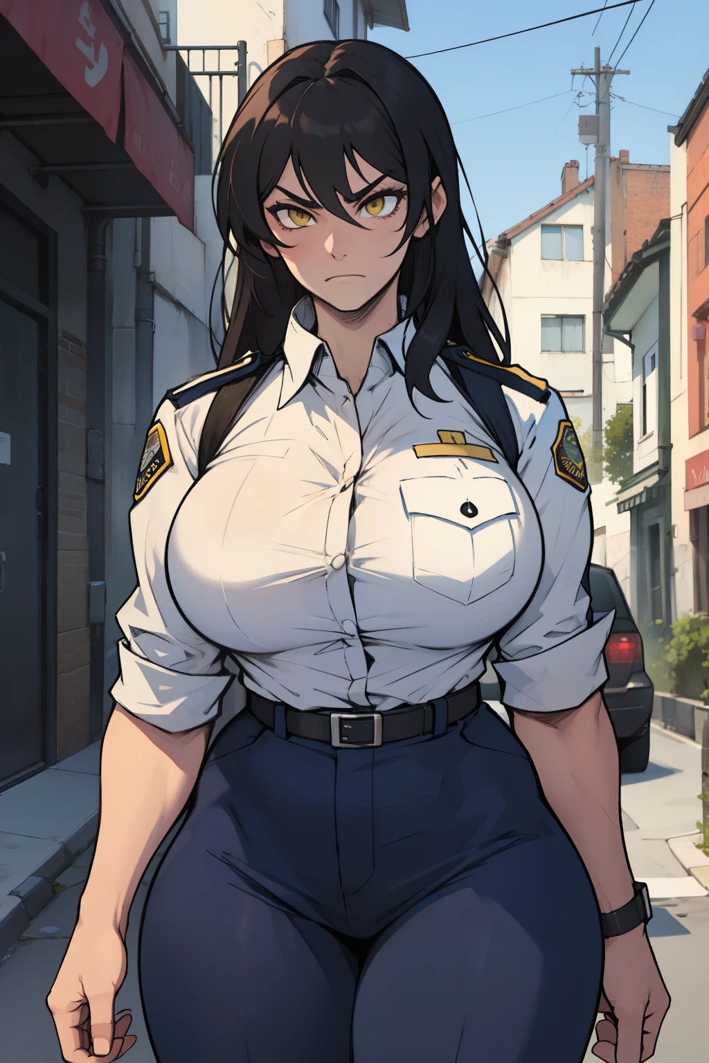 huge breasts huge breasts huge breasts muscular muscular muscular thick thick thick black hair yellow eyes pale skin female sad frown police police