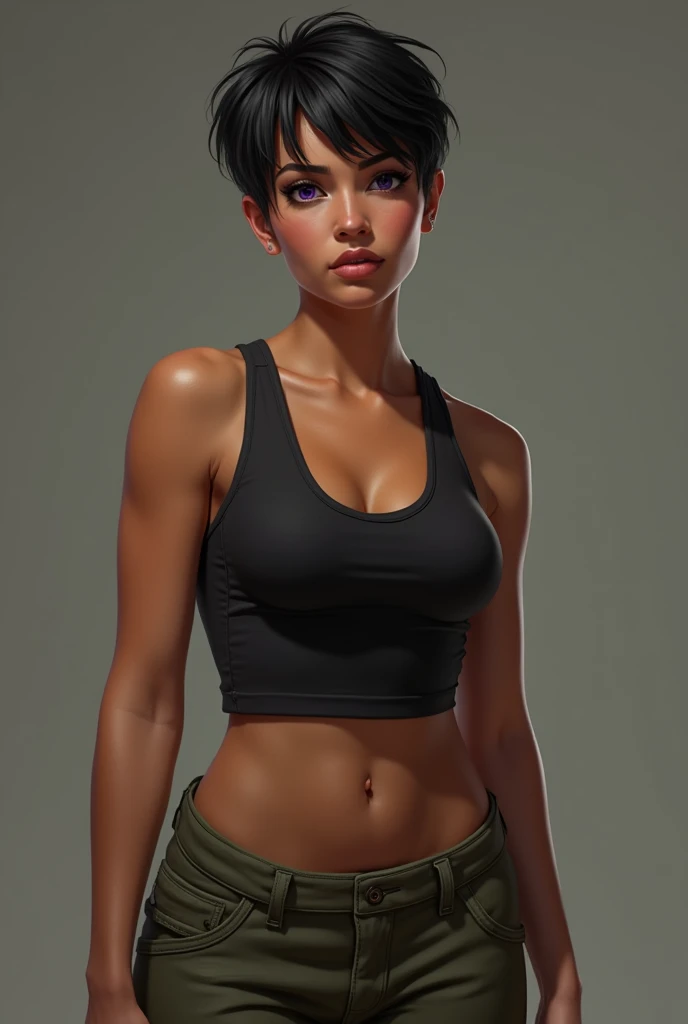 pouty face, african American woman, stylized anime art style, looking away, both fist balled up and sitting on the waist, dark skinned woman, tight body, wearing street clothes,