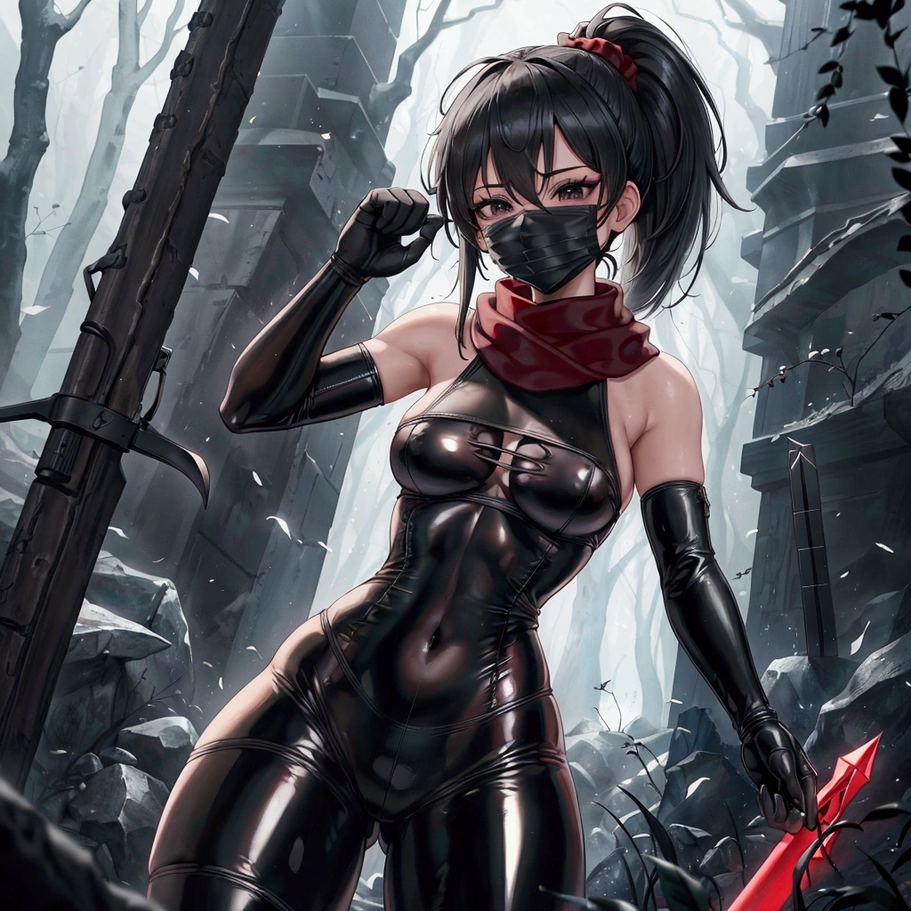 ((blood droplets)), ((blood)), ((blood splatter)), ((blood on clothes)) ((blood stain)), Masterpiece, Beautiful art, professional artist, 8k, shy expression, very detailed face,1 girl, view from behind, perfect ass, standing, BIG BREASTS, perfectly drawn body, pale skin, shy expression, beautiful face, long black hair, 4k eyes, very detailed eyes, pink cheeks, choker:1.6, (shiny black tight bodysuit), holds an ax with his right hand, Sensual Lips, show details in the eyes, dark forest, Atmosphere, fog, At night