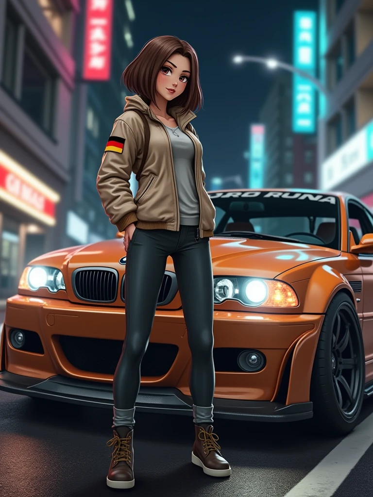 (masterpiece:1.4), 1girl, Streetwear ( naked big tits),cargo pants, street, (masterpiece, best quality, highres, ultra detailed ), night, depth of field, absurdres, (masterpiece:1.4), ultra-detailed, 1girl, white -skinned, stand up, black and yellow, long blond hair, small tits, embressed her tits (naked tits), show her big tits ( under boob ) exposing her tits ((standing beside a Audi RS6, front view of the AudiRS6)) white skin