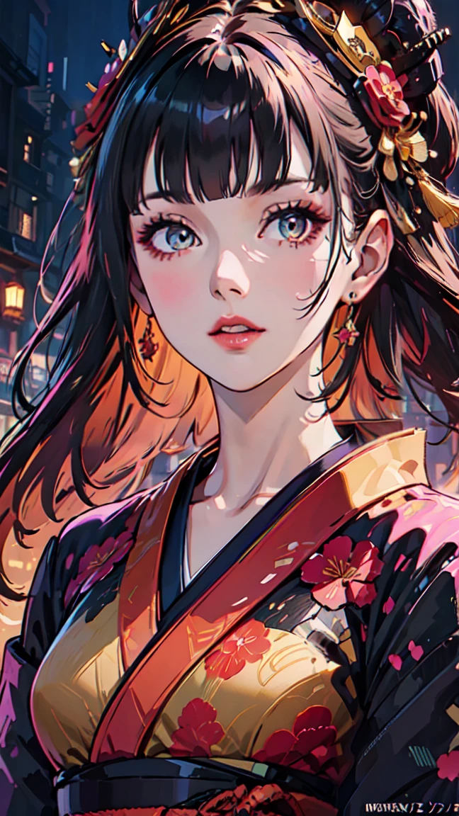 masterpiece, 1girl, geishadroid, pink hair, blunt bangs, ponytail, detailed makeup, beautiful detailed eyes, beautiful detailed lips, extremely detailed face and portrait, long eyelashes, intricate kimono, traditional japanese style, elegant pose, cinematic lighting, warm color palette, vibrant colors, digital art, concept art, photorealistic, 8k, high resolution, hyper detailed