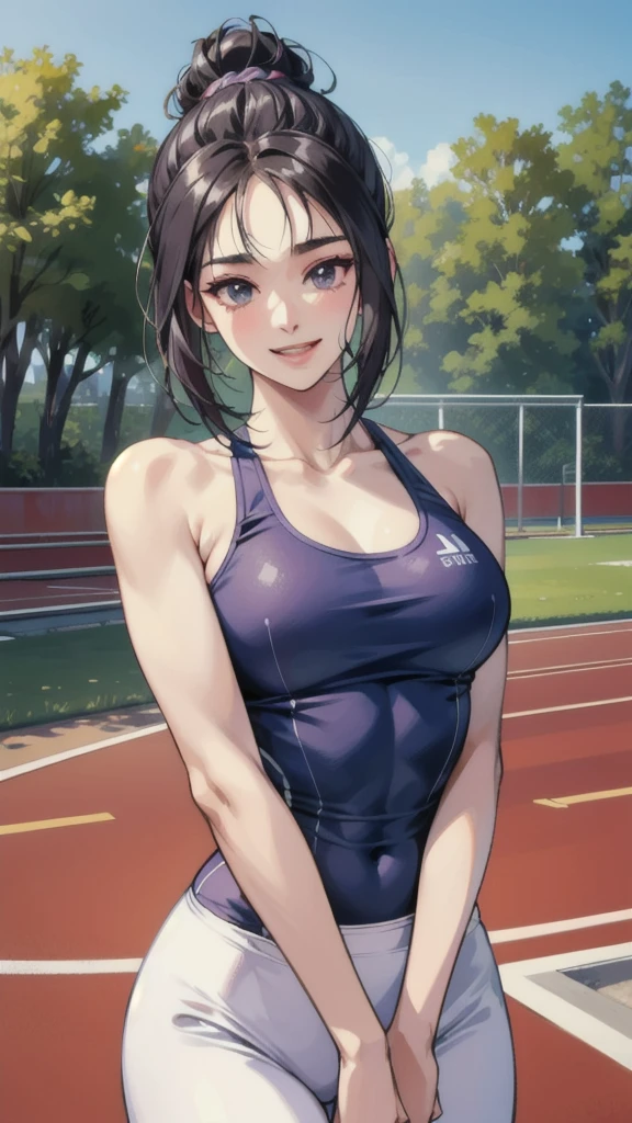 ((masterpiece, Best Quality, Best Quality)),((1 person)),Highly detailed face、Highly detailed eyes、Highly detailed skin、Highly detailed fingers、Highly detailed nose、Highly detailed mouth、Anatomically Perfect Fingers、Anatomically perfect arm、Detailed Background,((A happy smile)),((Sounds fun!)),(Track and field athlete),(Sports Bra),(sexy),(Exposed shoulders),(Summer sunshine),(Dynamic),(露出したAbdominal muscles),(Abdominal muscles),(laughter),(relay),(Jumping),(sports meeting),Tight fitting clothing