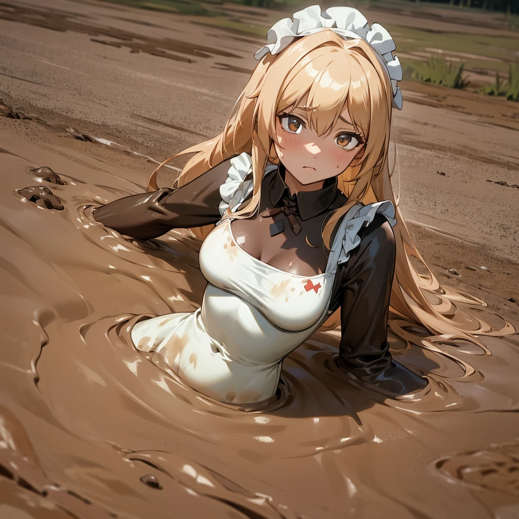 best quality,ultra-detailed illustration anime style,1girl,maid outfit,sinking in brown mud,her body sank to her Breasts white long hair,determined expression,intense eyes,dynamic angle, her chest bigsize 4K resolution,muddytexture,muddy splashes,dramatic lighting,sinking effects,blurred background, sense of urgency,attention to detail,muddy surroundings,muddy clothes,desperation,perilous situation stuck mud effects her arms fell into mud her clothes and arms were covered with mud She was in pain because she was stuck in the mud and couldn't move. She was deep in the mud and fixed to her Breasts. She couldn't pull her arm out because it had fallen into the mud and was firmly secured. She couldn't get out of the mud because of the pressureher Breasts big wear maid outfit white long hair From the chest to the mud the rest is in the mudIt's on top of the mud from the chest and the rest is trapped in the mud. The arms are only on the shoulders, and the belief is trapped in mud