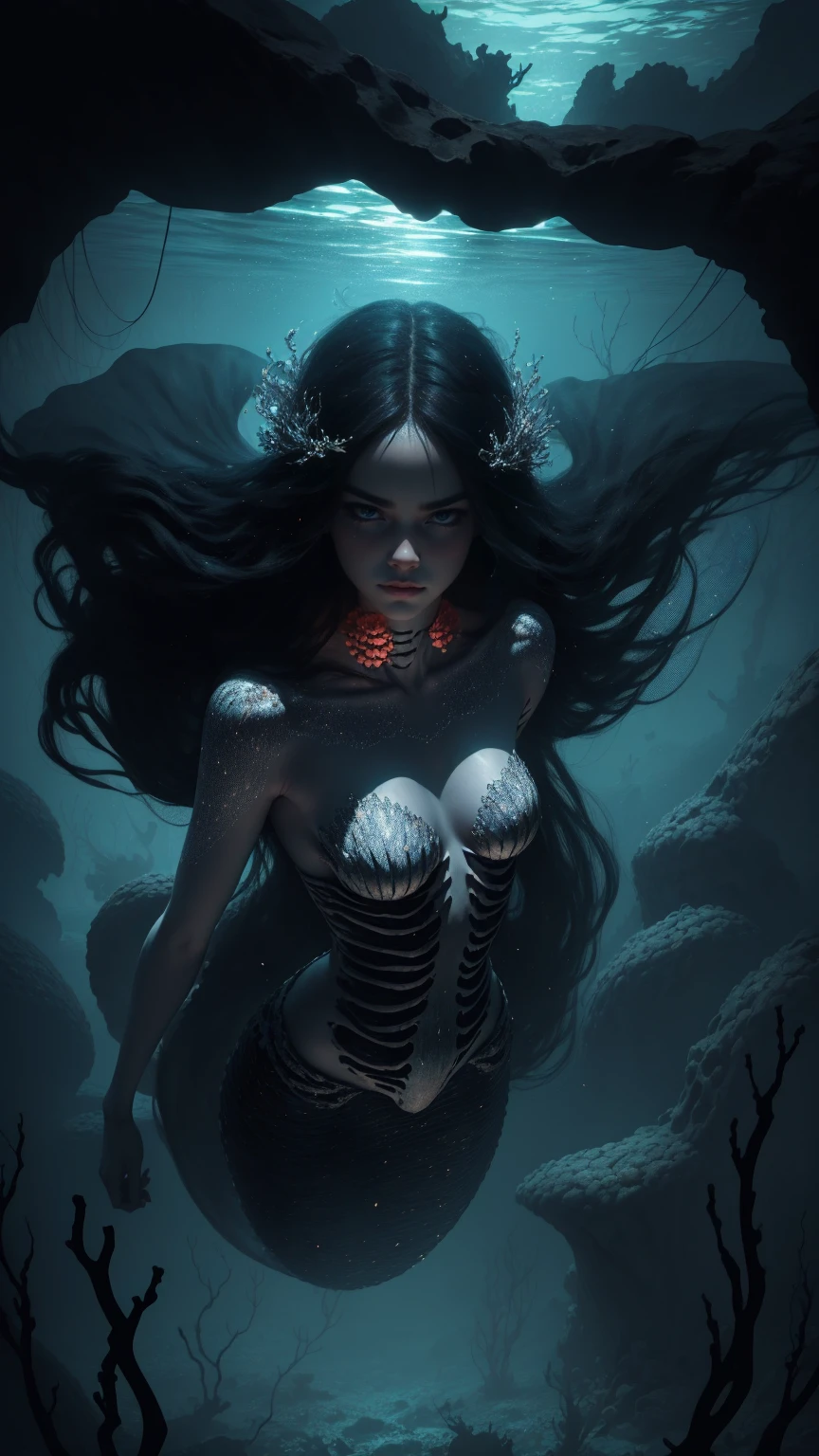 woman 30 years old, underwater, skeleton, ,Under the sea, where coral tendrils and vines abound, a woman (mermaid), long black hair (black hair) looks at you amidst a pile of bones and skulls. Indifferent look , merciless. dancing among the skulls. Angry face. backwards, looking back