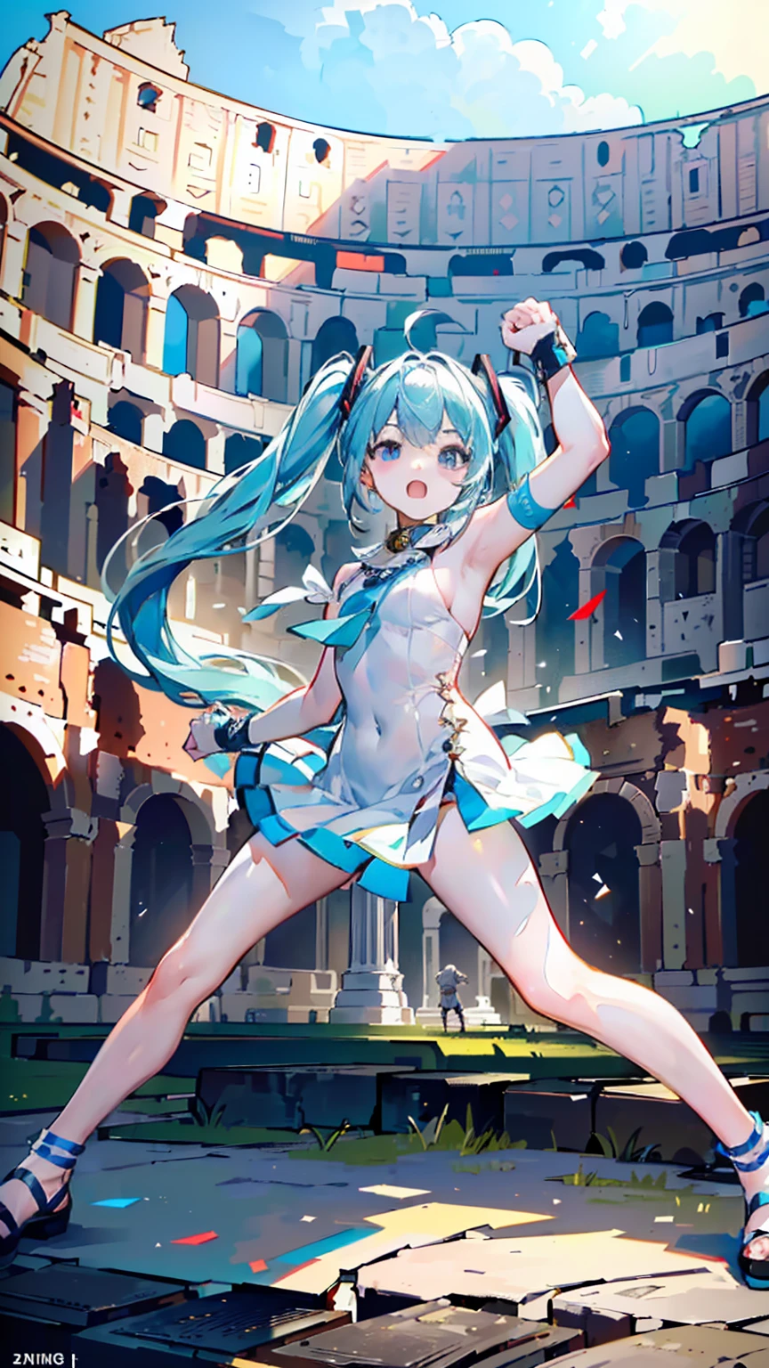 white_toga,ultra high quality,4K,8K,masterpiece,(((embarrassed,fist_shaking,hit_the_enemy,rumbling,beating,open mouth,smile,enjoy))),hatsune_miku,(((fighting in the colosseum))),break,A man who is defeated and falls down