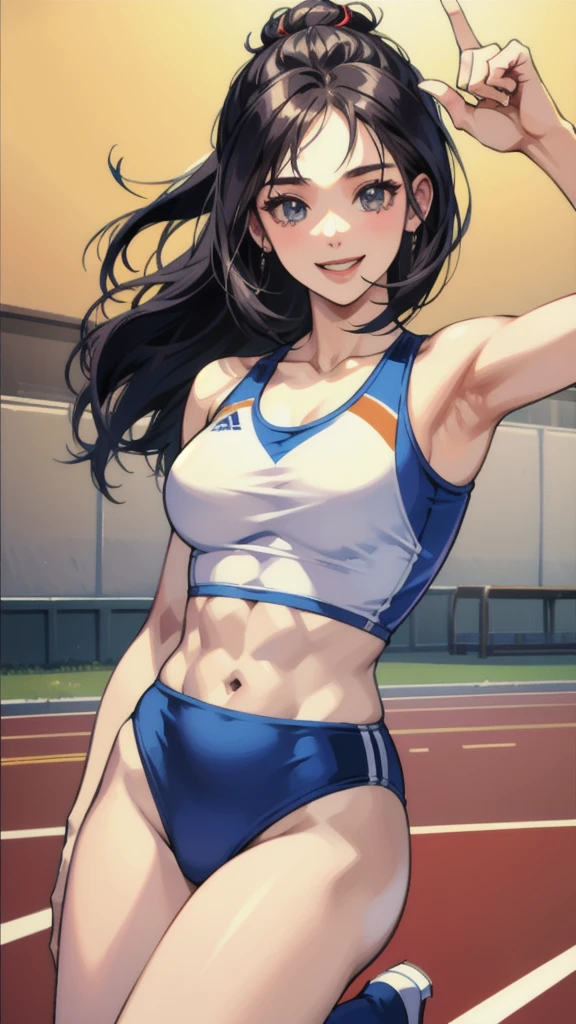 ((masterpiece, Best Quality, Best Quality)),((1 person)),Highly detailed face、Highly detailed eyes、Highly detailed skin、Highly detailed fingers、Highly detailed nose、Highly detailed mouth、Anatomically Perfect Fingers、Anatomically perfect arm、Detailed Background,((A happy smile)),((Sounds fun!)),(Track and field athlete),(Sports Bra),(sexy),(Exposed shoulders),(Summer sunshine),(Dynamic),(露出したAbdominal muscles),(Abdominal muscles),(laughter),(relay),(Jumping),(sports meeting),Tight fitting clothing